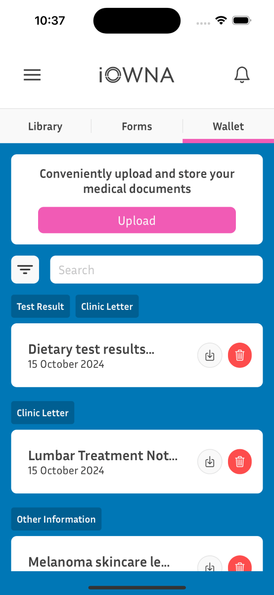 iOWNA patient wallet screen showing multiple uploaded and received health-related documents and information.