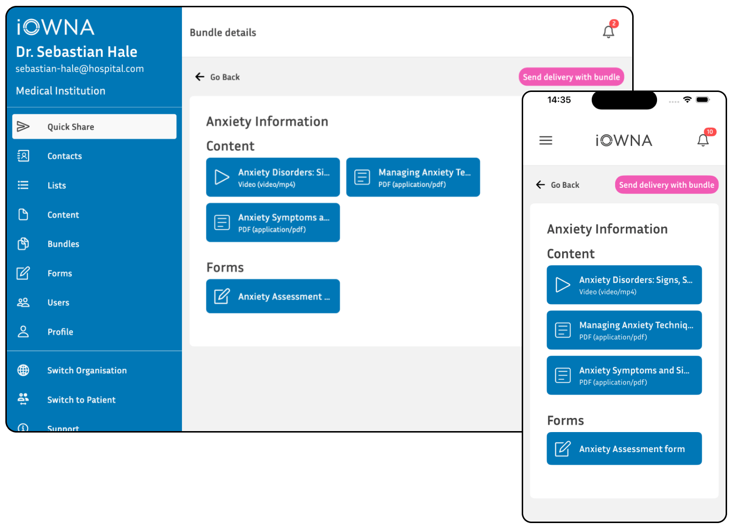 Screenshot from the clinician portal showing bundles of information files.