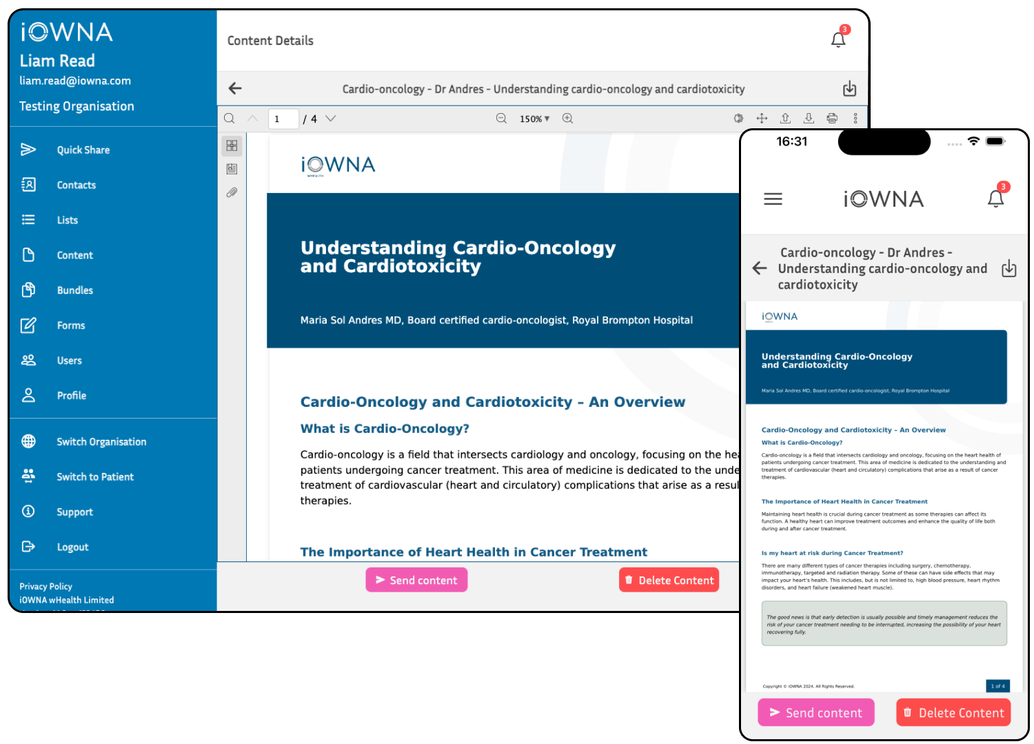 Screenshot from the clinician portal showing custom-created content about cardio-oncology and cardiotoxicity.