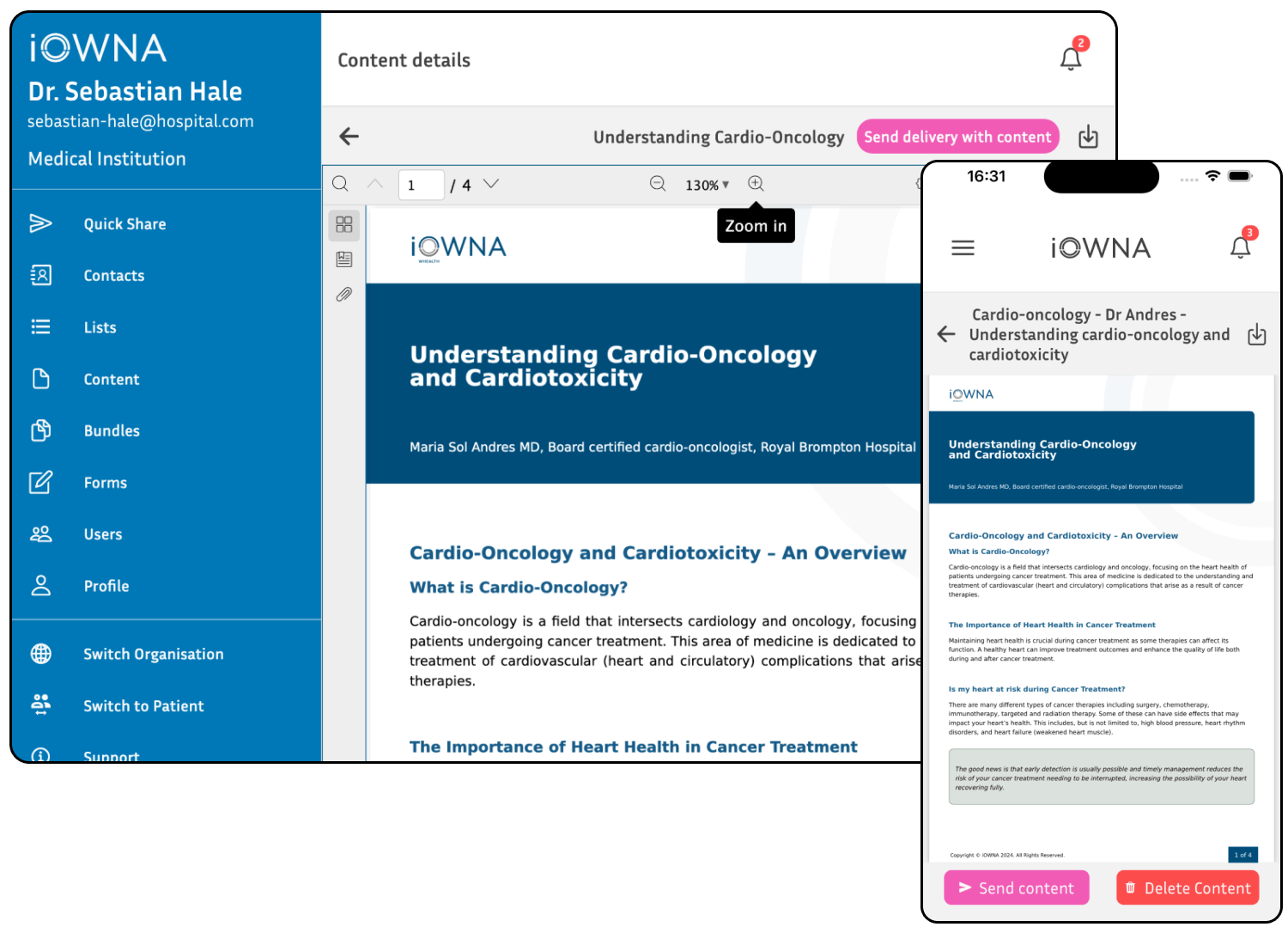 Screenshot from the clinician portal showing custom-created content about cardio-oncology and cardiotoxicity.