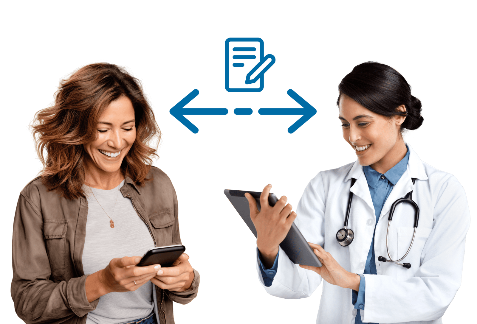 Doctor with tablet sending forms to woman with phone