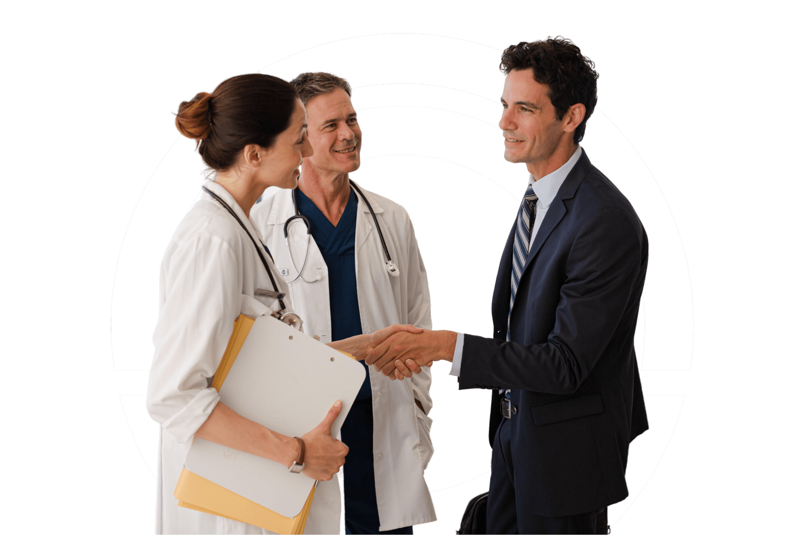 Two doctors shaking hands with a man in suit