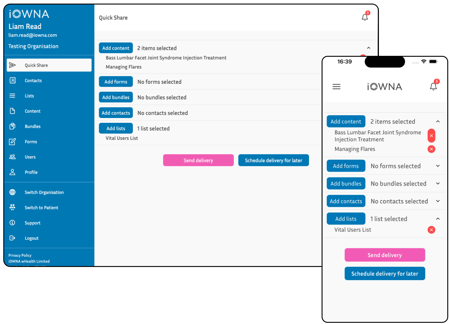 Screenshot from the clinician portal showing a user list for easy content sharing.