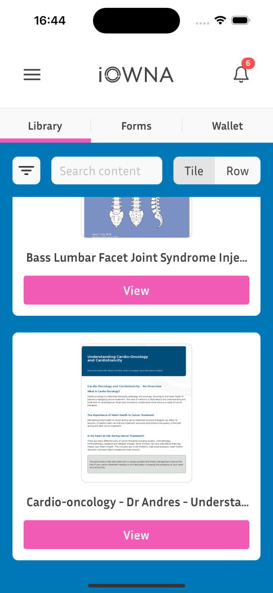 Screenshot of the iOWNA patient app displaying patient features and interface.