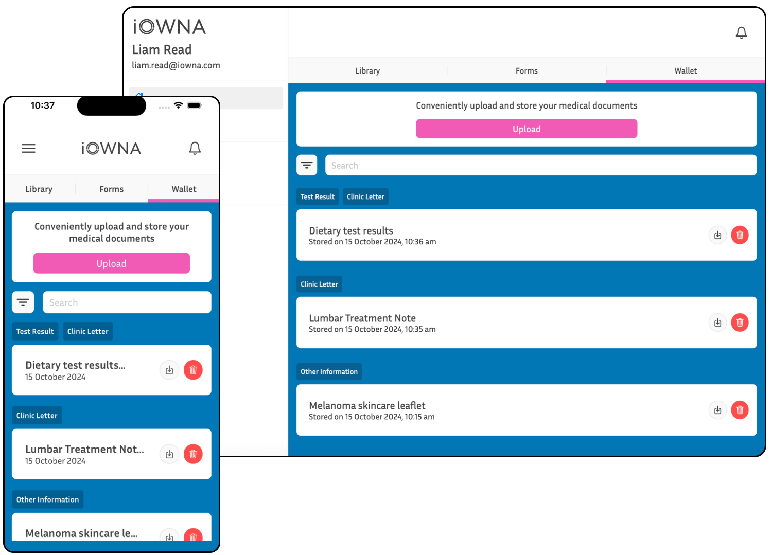 Screenshot of the patient wallet where patients can store all documents related to their health.