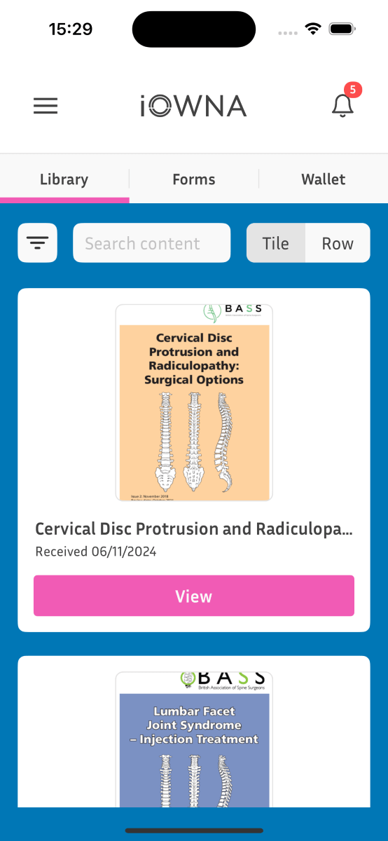 Screenshot of the iOWNA patient app displaying patient features and interface.