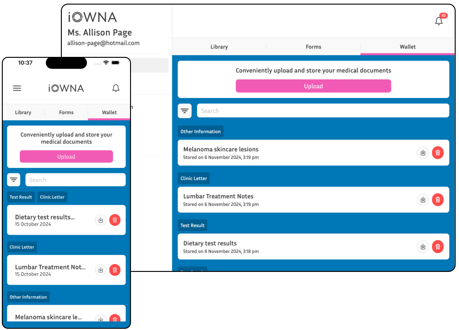 Screenshot of the patient wallet where patients can store all documents related to their health.