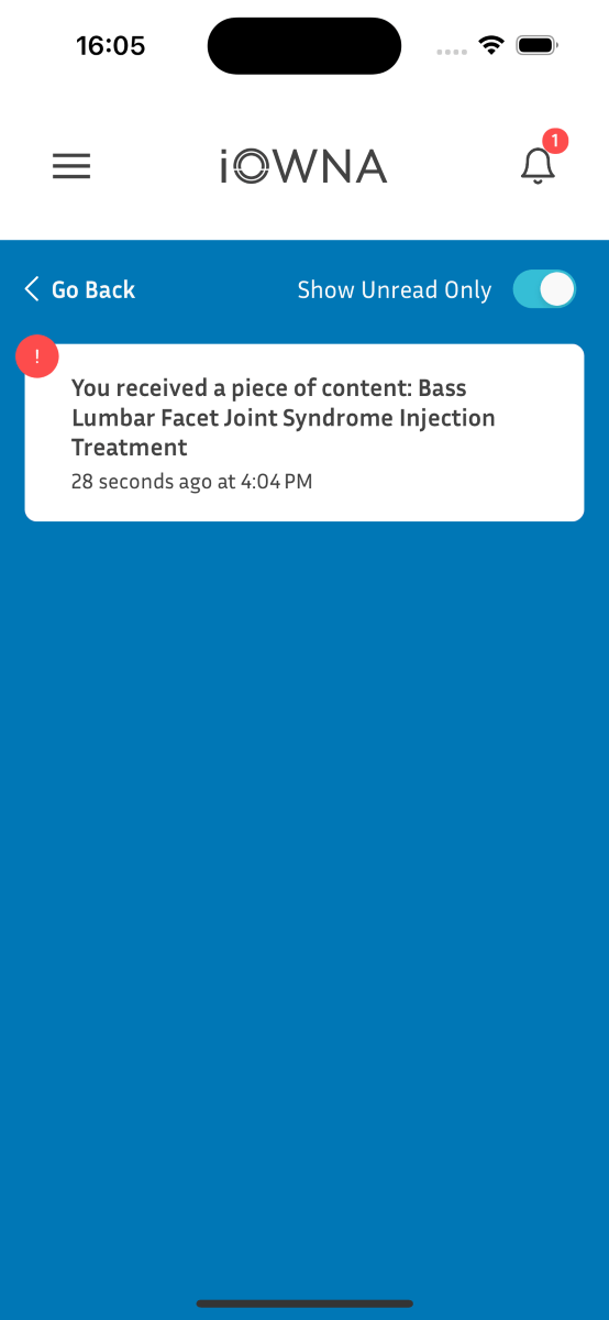 iOWNA patient app notification screen informing the user about receiving a new piece of content.