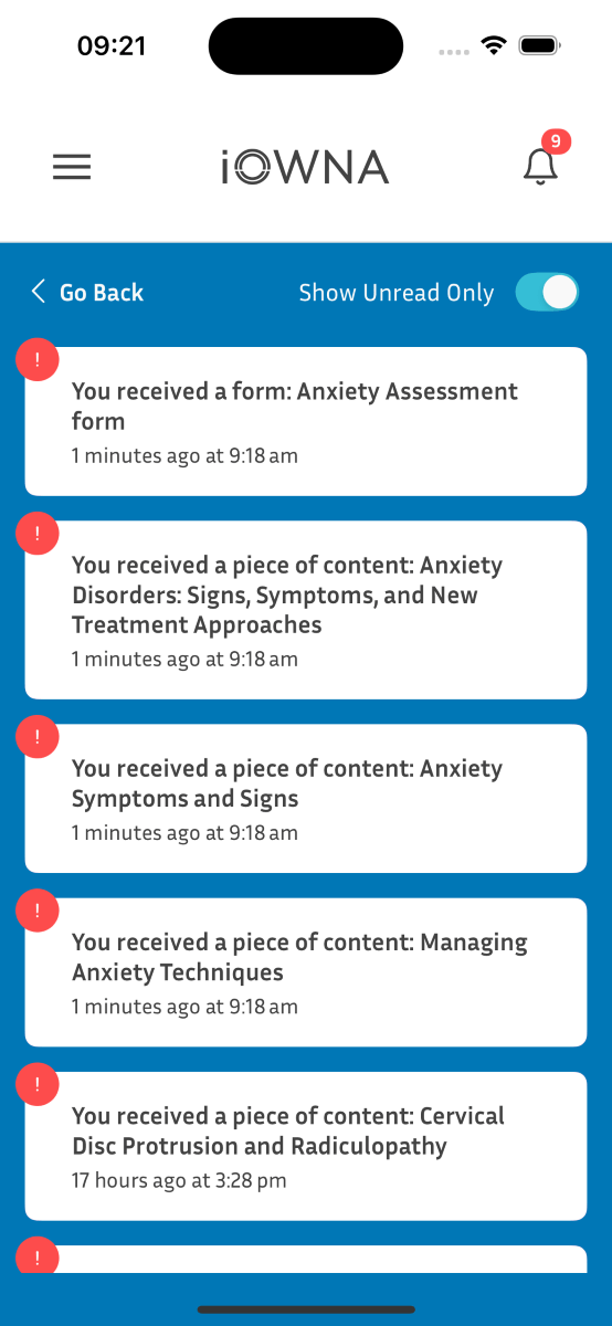 iOWNA patient app notification screen informing the user about receiving a new piece of content.