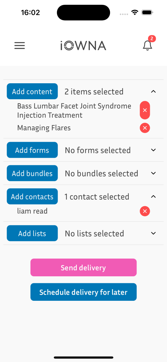 iOWNA clinician app interface showcasing options to easily add and manage content, forms, bundles, contacts, and lists, with scheduling capabilities.