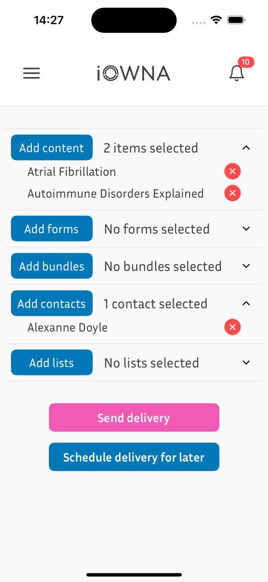 iOWNA clinician app interface showcasing options to easily add and manage content, forms, bundles, contacts, and lists, with scheduling capabilities.