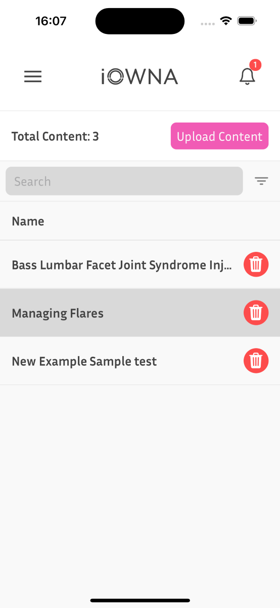 iOWNA app screen displaying a list of various informational files for the patient.