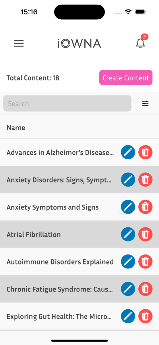 iOWNA app screen displaying a list of various informational files for the patient.