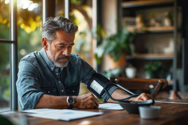 Man self-monitoring blood pressure at home.