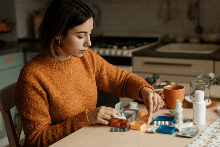 Woman organising her medication at the kitchen table.