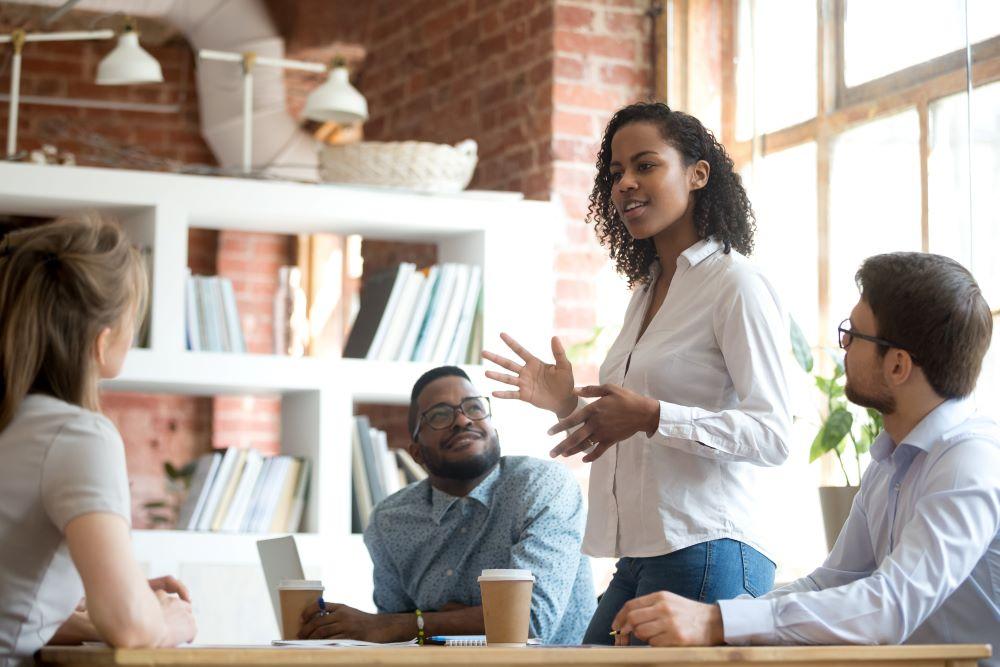 Team members having a discussion in a meeting